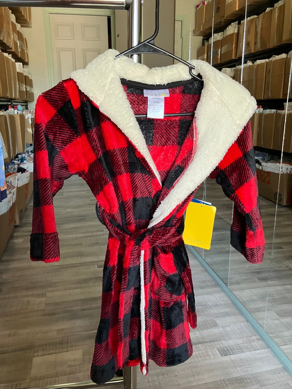 Fleece Long Sleeve Knee Length Robe, Color: Red Plaid Size XS(4/5)